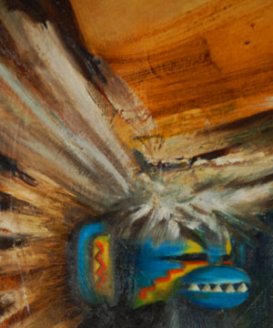 Adobe Gallery had a long relationship with Tommy Edward Montoya. We featured him as one of our primary artists at the Albuquerque gallery for a number of years. He was a wonderful person and an outstanding artist.  It is a pleasure to have one of his paintings available again.  It brings back our thoughts of Montoya.  Montoya was born at San Juan Pueblo (now Ohkay Owingeh Pueblo) in the family home on the edge of the plaza.  His father passed away while Tommy was very young so his mother, originally from Nambe Pueblo, raised him herself.  Montoya attended the Santa Fe Indian School and the Institute of American Indian Arts in Santa Fe.  He continued on to get his BFA and MFA degrees at California colleges.  After returning to the pueblo from California, Montoya took a job as technical illustrator and photographer at Los Alamos National Labs.  He pursued his art in the evenings.  Once his reputation was established and his commissions increased, he quit his job at Los Alamos and pursued his art career full time.  Ohkay Owingeh is the largest, most northerly, and the most geographically isolated of the six Tewa villages. It is known as one of the pueblos where ritual and political matters continue to be strictly observed. Living and working in this environment, Montoya developed two independent sides of his art: figurative studies of traditional Tewa ritual; and his more cerebral, purely abstract studies of color and form. His popular figurative works, such as this one, brim with vitality and action. His strong asymmetric compositions come to life as if one were witnessing a ceremonial function at the pueblo rather than viewing a piece of art.  This painting of a katsina dance quite possibly features the Sakwahote Katsina, a Hopi Katsina that may have been inspired from a Plains-type warrior, based on the feather headdress, a dance at Hopi that Montoya could have witnessed.  If one were to let one’s imagination take over while viewing this painting, there would come faint sounds of softly padded and cadenced dance steps of this katsina.  Montoya’s paintings retain the spirit of Native ceremony and evoke an active participation of the viewer in the scene.    The painting is signed in lower left with Montoya’s Tewa name Than Ts’áy Tas and dated on verso 1975.  Condition:  the painting is in original condition  Provenance: the painting was completed in 1975 and sold by the artist to a family in Albuquerque from whom we just acquired it.  It has recently been re-framed. 