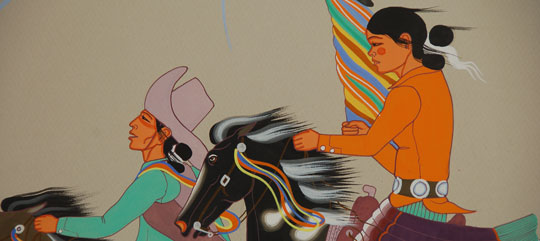 This painting is a companion to another painting by Beatien Yazz entitled "Squaw Dance Procession #2" which is listed on our website as well and shown as a related item below.  The previous one shows six Diné young men on horseback heading for the occasion.  This one illustrates two females and two males also heading for the celebration.  The Diné enjoy get-togethers, probably because they are so isolated on the reservation.  Individual family hogans could be as much as 60 miles apart.  Ceremonial Sings, Yeibichai Dances, and Squaw Dances are good reasons for the clans to gather in large numbers.  There seems to be a certain amount of jubilation of the young men and women as they race toward the site of the gathering.  One can speculate at their anticipation of the gathering.  They appear ready for a party, dressed in their finest.  Condition: It appears to be in original excellent condition, but has not been examined out of the frame.  Provenance: from a family estate in Utah  Recommended Reading:  Yazz: Navajo Painter by J. J. Brody 