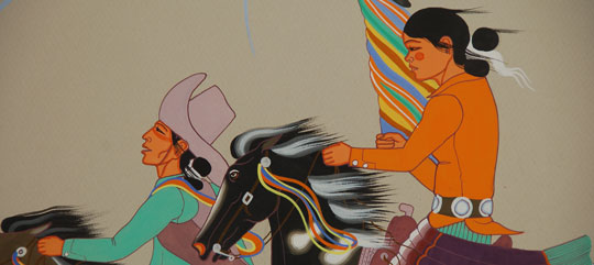 This painting is a companion to another painting by Beatien Yazz entitled "Squaw Dance Procession #2" which is listed on our website as well and shown as a related item below.  The previous one shows six Din&eacute; young men on horseback heading for the occasion.  This one illustrates two females and two males also heading for the celebration.  The Din&eacute; enjoy get-togethers, probably because they are so isolated on the reservation.  Individual family hogans could be as much as 60 miles apart.  Ceremonial Sings, Yeibichai Dances, and Squaw Dances are good reasons for the clans to gather in large numbers.  There seems to be a certain amount of jubilation of the young men and women as they race toward the site of the gathering.  One can speculate at their anticipation of the gathering.  They appear ready for a party, dressed in their finest.  Condition: It appears to be in original excellent condition, but has not been examined out of the frame.  Provenance: from a family estate in Utah  Recommended Reading:  Yazz: Navajo Painter by J. J. Brody 