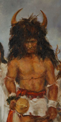 Cobbett has spent most of her adult life in Albuquerque, New Mexico, and received a degree from the University of New Mexico in 1951.  She became a full-time painter in 1968 and taught art classes at the Albuquerque Institute of Art in 1975.  She has specialized in painting Indian dancers and dances.  She says that &ldquo;The color and pageantry of the dances at the Rio Grande Pueblos fascinate and delight me.  I have studied them for years.  I try to share the beauty and excitement with those who view my work.&rdquo;  Cobbett&rsquo;s paintings are rendered in an impressionist style with a play of light on the faces and figures.  She has captured the dancers in motion in a realistic manner.  The Buffalo Dancer&rsquo;s body is presented in realistic musculature and his face shows the seriousness of the dance.  Behind him is a female dancer dressed in white dancing alongside a Deer Dancer.  The drummer is off to the edge.  Even with the three other participants, the Buffalo Dancer is the focus of the painting and is featured in all his magnificence. The dark blue sky indicates an event in the fall season.  Condition: original condition  Provenance: from a gentleman in Albuquerque 