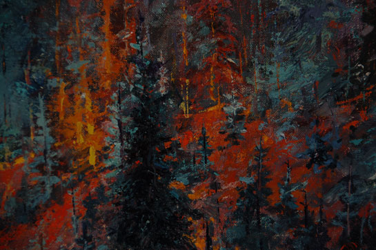 Sam Smith was one of the most accomplished Albuquerque artists during the mid-20th century. He was a friend of Wilson Hurley, who had praised his artistic accomplishments.  He had moved to Albuquerque at the age of 7 years, and was associated with the University of New Mexico art department from 1956 until his retirement as a professor of art in 1984. He had studied with artists Randall Davey, Jack Levine, Ben Turner and Carl Von Hassler. During World War II, he documented combat scenes while on duty in West Africa and in the China-Burma-India Theater.  Smith mostly painted in realistic style, but this painting is certainly more impressionistic in style than most of his.  As a professor of art, it is not unusual that he would be familiar with many painting styles and perhaps paint in a number of them.  The brilliant color palette in this forest of trees is strikingly beautiful. The artist applied the paints in a heavy coat with a deft hand.  It is signed Sam Smith in lower right.  Condition: original condition Provenance: from a family in Albuquerque 