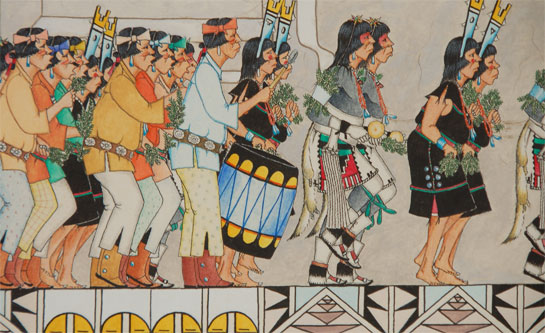 Roybal spent a large portion of his career painting small paintings, generally the size of note cards or postcards, featuring two or three costumed dancers. These were his bread-and-butter paintings as they were inexpensive and easy to sell. Occasionally, he painted larger scale paintings, again with two or three costumed dancers, but only rarely did he paint major dance ceremonies with background materials behind the dancers.  This is one of the major paintings on paper that Roybal executed. It has 39 human figures, several adobe houses, and a major kiva. The image records the procession of pueblo female and male dancers with a drummer providing the beat. There are Koosa Clowns among the dancers and more of them on top of the kiva. The clowns on top of the kiva are relaxing, smoking and eating watermelon. One of them is spitting out watermelon seeds.  All the figures are marvelously rendered and painted, with typical attention to detail in the depiction of accoutrement such as the jewelry being worn and the face paint of the dancers, as well as the drum, woven sash belts and the high Pueblo-style moccasins worn by the male dancers. The figures stand upon an abstracted baseline with polychrome geometric motifs. Behind the row of dancers looms a large kiva, which anchors the painting and provides a backdrop for the dancers.  The painting is signed in the image J.D. Roybal with a roadrunner cartouche, but not dated. It is framed in a wood frame.  Condition: it appears to be in excellent condition.  It is framed using acid-free materials. Provenance: from a New Mexico resident Recommended Reading: Southwest Indian Painting: A Changing Art by Clara Lee Tanner 