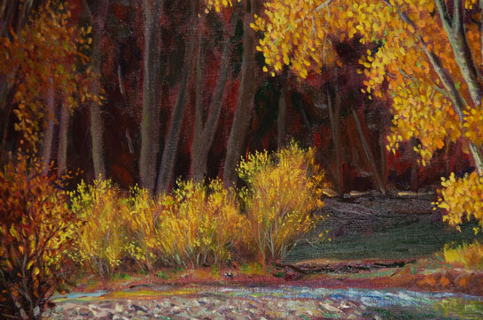 Fine Art | European American Paintings | Painting | European American Artist | Walter Bambrook | Untitled High Desert Forest Scene Walter Bambrook was born in New Mexico and lived in Albuquerque all his life. He attended Albuquerque High School and began his art education at the University of New Mexico. While at UNM, he began his four-year art training under Carl von Hassler. After his formal art education was completed, Bambrook taught many private classes and groups at UNM. Bambrook received his first award at the age of thirteen from a national art show at the Chicago Art Institute. During his lifetime, he received many awards from other prestigious institutions. Bambrook's use of heavy brush strokes and profuse paint is quite evident in this painting. His colors are strong and vivid. Unlike Hennings, Couse and other Taos artists, Bambrook and Von Hassler chose to capture the landscapes of New Mexico rather than painting the Indian tribes. Their canvasses are profound expressions of the beauty of New Mexico in the early 20th century. This painting is tranquil and rich and vivid in color. The artist has focused the attention of the viewer on the brilliantly-colored yellow leaves of the aspen tree in the center and the bushes near the stream. From this focal point in the center of the painting, the viewer picks up the darker colors of the painting as it descends inward to the depth of the woods. Colors gradually shift from warm yellows and browns in the foreground to more intense reds and burgundies in the background. This is truly one of Bambrook's outstanding paintings. The painting is signed in lower left Bambrook and it is framed in a magnificent heavy wood gold-leaf frame that may be original to the painting. Condition: original condition Provenance: from a family living in Albuquerque