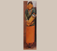 In the 1990s, images of Johnson Antonio’s dolls began to appear in newspapers and magazines across the country, and he has received favorable reviews wherever his art has been shown.  The Rosenaks stated that when they first met Antonio in 1985, he was driving a horse-drawn wagon.  Through sales of his carvings, he soon bought a blue shag-carpeted Chevy van, large enough for his family of eight children.  The Rosenaks say that he is the most successful of the Navajo carvers and an important role model for younger artists.  Antonio is from the northwestern corner of New Mexico called the Bisti.  Following high school, he went to work for the Union Pacific Railroad.  He said “They picked me up in a bus at the trading post, and took me off to lay steel.  It was hard work, and when the laying was done in the fall, they’d take me home again.  I’d collect unemployment till they’d come for me in the spring.”  In 1974, Antonio quit the railroad job and returned home to heard sheep and goats.  In 1982 or 1983, Antonio picked up some cottonwood in a wash near Farmington, took it home and just started carving.  This was the beginning of a new career.  This carving is typical of the style of his work.  His carvings are generally tall, lean and round figures that one would expect from a tree limb or tree root.  This female figure is composed from a single piece of wood for the entire body except perhaps the arms were added at the shoulder.  The baby in the cradleboard was carved separately and placed in her arms.  Condition:  very good condition Provenance: from the collection of Jan and Chuck Rosenak.  Published in Navajo Folk Art by Chuck and Jan Rosenak. 1994, page 47. Recommended Reading: Navajo Folk Art by Chuck and Jan Rosenak. 