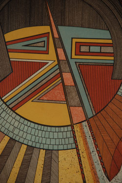 Of the totality of Helen Hardin's work in etching, three images stand as the pinnacle of her achievement—Changing Woman, Medicine Woman, and Listening Woman.  These personal deity figures stand as eternal and personal revelators of the very character and essence of Hardin's work as an artist, as a Pueblo native, and as a woman.   Each of these etchings was created in etching/aquatint from copper plates, printed in ochre, English red, Midnight blue, Sepia, and alizarin crimson on various types of rag printmaking papers. Each work is characteristically precise and visually taut, reaching for a certain perfection of image and execution, with graphic contour lines, interior linear embellishments, and the finest of subtleties and nuances of color.   This etching—Medicine Woman—was completed in 1981 and coincided with Hardin being told by her doctor that the biopsy of the lump from her breast was malignant and a mastectomy would have to be done.  To quote Hardin "I finished Medicine Woman just before he told me.  It was almost as if I needed that person, that healing spirit.  After I found out I had cancer, and we were doing the print at El Cerro, I felt I had her spirit with me."   The etching was executed in four-colors by El Cerro Graphics of New Mexico and issued in an edition of 65, of which this is number 53.   Condition: appears to be in original condition but has not been examined out of the frame. Recommended Reading: Changing Woman: The Life and Art of Helen Hardin by Jay Scott    