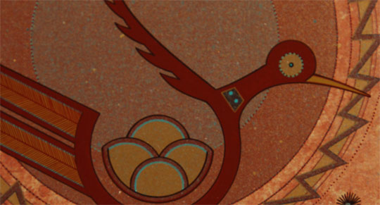 Helen Hardin is well-known to collectors of American Indian art as one of the first to break away from the two-dimensional painting style popular at The Studio of the Santa Fe Indian School under the direction of art teacher Dorothy Dunn.  Hardin's mom, Pablita Velarde, had also departed from the traditional style but carried with her from the Indian School, the method of making her own paints that she learned there.  The family was adventurous in its art pursuits and not interested in following the herd.   Hardin expressed environmental issues through her art by drawing on the environment, history, tradition, religion, culture, lifestyle and human emotions.  She made use of protractors, rulers, and French curves, which she called her "gadgets."  She painted with acrylic paints in layers and applied a varnish over each color to achieve the effects she desired.   Hardin drew upon the Mimbres culture of a thousand years ago when painting birds and fish, illustrating them in the style of the Mimbres.  This bird which she called "Rainbird" is of the Mimbres style.  It is a work of superlative style with a beautiful range to the palette of fall colors in warm reds and oranges.  The painting is of a postmodernist stance of a traditional symbol associated with pueblo pottery design—a proud bird of the roadrunner genre going about its business of searching for food.    The large disc behind the bird provides a clean backdrop for the main feature of the painting.  Surrounding the disc (or Sun) is a ring of zigzag lines that are dynamic and appear in movement.  The ground plane on which the bird walks supports two flowering plants and repeats the zigzag lines.   Condition: original condition Provenance: the painting is signed in lower right and dated 1978. It was originally purchased from the artist by the Hunter family of Albuquerque for display in the Hunter Lumber Company offices.  When the Hunter's sold the lumber company, the new owners sold the art collection through an Albuquerque gallery.  The painting was then purchased by a couple from Chicago who have retained it until now. Recommended Reading: Changing Woman: The Life and Art of Helen Hardin by Jay Scott