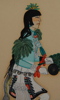 This original painting by Tonita Peña (Quah Ah) of San Ildefonso Pueblo was probably painted in 1921, this being based on the dual signature of her Native name and baptismal name.  The image depicts a male pueblo Corn Dancer in the traditional style with no ground plane and no background. In her paintings of dancers such as this she was able to make her dancers appear in motion rather than fixed in time. He is beautifully rendered in all the splendor of his dance clothing and body paint.  Tonita was very good and presenting the finest detail of her dance figures.  Joe Herrera has stated that when his mother first started painting she signed all of her paintings with her Indian name. This lasted until sometime in 1915. A variation of this signature occurred shortly before or at the time Tonita became pregnant with her second son, Joe H. Herrera, probably in 1917 or 1918. She then modified and used the signature separating and capitalizing the H in her first name, in honor of her second husband, Herrera. This was used until the death of Felipe Herrera in 1920.  Around 1921, she started using both of her names, one above the other.  Condition: appears to be in good condition with a slight browning of the paper  Provenance: from the collection of a Santa Fe family Recommended Reading: Tonita Peña by Samuel L. Gray 
