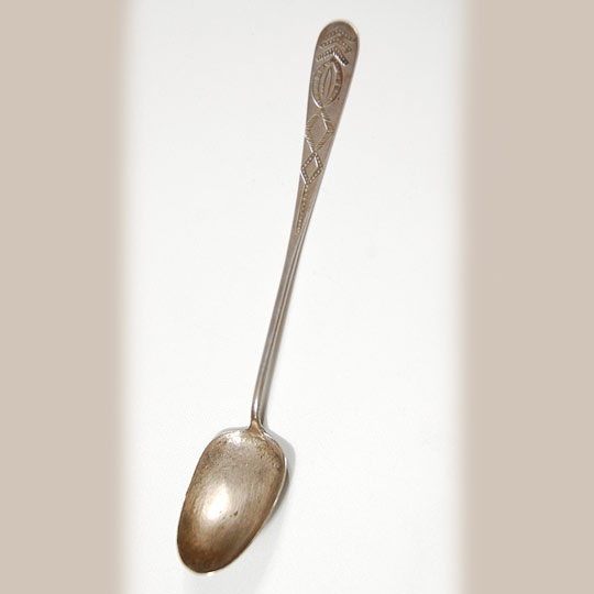 Navajo silver spoons were hand forged from Mexican silver coins or American silver coins. Mexican coins were favored because the silver content was higher than comparable American coins. The coins were hammered into thin sheets and then shaped into the desired form for a spoon.  Once the hammering and forging were complete, the spoon was then stamped with the desired designs.   This spoon has a long and graceful handle, extremely thin at the bowl and gradually widening at the other end on which a series of stamps were used to decorate it to the maker's delight.   Condition: original condition Provenance:  Rainbow Man, Santa Fe                          private collection of a Virginia family Recommended Reading; Navajo Spoons: Indian Artistry and the Souvenir Trade, 1880s - 1940s by Cindra Kline