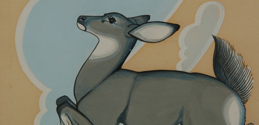 Close up view: This leaping deer is typical of his treatment of animals.  It is romping around enjoying the day.