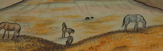 Here, a half dozen horses peacefully graze among the native grasses on the reservation.  Two large and prominent landscape features dominate the center of the painting but the focus by the artist was on the horses.  The painting was rendered in beautiful tones of warm colors, almost as if executed in pastel paints.  