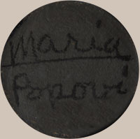 Richard Spivey, in his book The Legacy of Maria Poveka Martinez states that Popovi collaborated with Maria from 1956 to 1970.  Popovi initiated the process of adding the date to pottery in 1959. This jar is signed simply Maria/Popovi, without a date, so it was made between 1956 and 1959.  