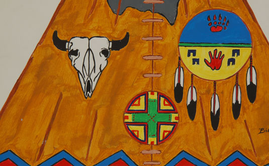 The teepee with a background of poles is an insignia of the Native American Church, or Peyote Religion. The Native American Church, and the use of peyote as a means of achieving a trance, began in Pre-Columbian Mexico and spread to the Great Plains in the late 19th Century.    The buffalo skull symbol is frequently seen on shields of the Plains Indians. The buffalo stands for all that is important to the people. It is a reminder to be grateful for the gifts that are given by the creator.   The shield with a palm print and bear paw is a shield of protection. War Shields were used in battle as protection. Medicine Shields protect their user spiritually. This shield is painted on the teepee as a symbol of protection.   The four part circle in green, red and yellow is symbolic of Vietnam Veterans. Yellow is for the welcome home they never got. Green is for the jungles of Vietnam and red is for the blood shed of their brothers and sisters. 