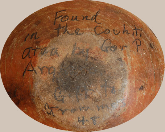 On the underside, written in ink, is the following statement: “Found in the Cochiti area by Gov. P. Arquero. Gift to Grammers 4-8.”  Maureen Grammer was an Albuquerque resident who was considered an early expert on pueblo pottery and a close friend of many pueblo families.  She is often quoted in publications.