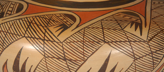 Collectors never tire of Hopi pottery with the migration pattern as it is a design that fills the area of the vessel completely and has a dynamic flow of a wave in the ocean.  One can feel the motion as if the breakers were crashing against the beach.  One must have a vivid imagination to feel this as there is no ocean near the Hopi Reservation.