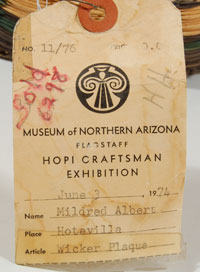 The original sales tag from the Museum of Northern Arizona Hopi Craftsman Exhibition from June 3, 1974 is still attached and lists the weaver as Mildred Albert of Hotevilla.