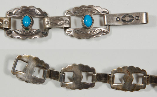 Front and back of this Navajo Sterling Silver and Turquoise Link Bracelet