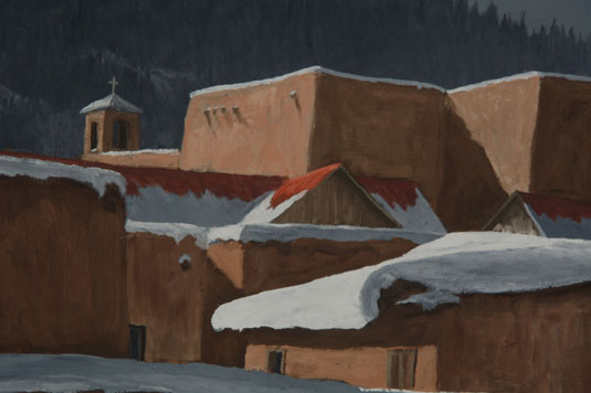 Close up view: This Sabo painting is clear evidence of Sabo's artistic talent in rendering New Mexico as New Mexicans see it on a regular basis. The dark winter sky behind the trees on the mountain is typical of the appearance on a winter day following a snow storm.  Sabo was just the best at depicting such a scene.  
