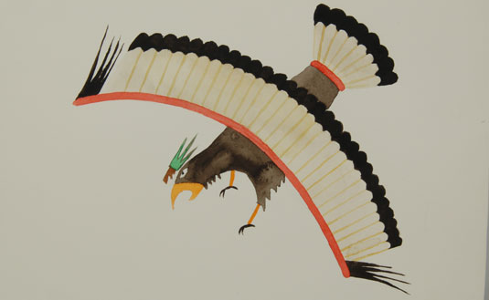 This painting depicts a bird of prey, most likely an eagle, shown swooping down upon a rabbit. The portrayal of the eagle is stylized and painted with striking color. The leading edge of the wing shows a curved surface in bright red. The black-tipped white feathers extend almost to the edge of the wing where smaller feathers stream from the wing tips. The tail feathers are depicted in a similar fashion but without the four end feathers. Interestingly, the head of the bird is adorned with a crest in brown and green that draws attention to the eye and adds an additional sense of fierceness to the eagle. 