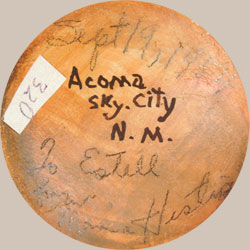 This jar is signed in guaco paint on the underside Acoma Sky City N.M.  In pencil, however, is the following: September 19, 1954 To Estell from Maria Histia.  