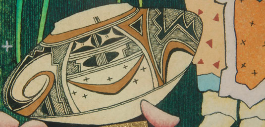 The image shows a Hopi potter singing over her creation of a Hopi seed jar. 