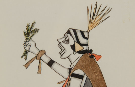 This Koosa Clown appears to be performing in a ceremonial function as he has evergreen boughs as seen with dancers during the Corn Dance or Harvest Dance.