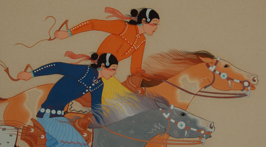 In this painting of two young women racing their ponies, Begay has included details that are unique to the Navajo way. The two girls are dressed in traditional woman’s fashion, which includes a pleated velvet skirt with a matching top decorated with silver buttons and with a concha belt. On their feet, they have knee high wrapped moccasins. Their hair is held back in the traditional bun or tsee yel. They are wearing turquoise jah clah (ear strings) and silver and turquoise bracelets. 