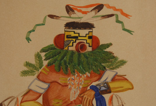 In this watercolor, a Corn Katsina is depicted in fine detail. There is a sense of movement as the beautiful dance sash flutters behind the dancer. 