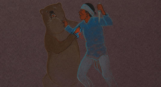 It appears that his story is one of a Navajo encountering a large bear.  What a great time those days must have been for the Navajo children, sitting around outside in the field having stories told to them around a bonfire just before bedtime.  The painting was executed on charcoal mat board to emphasize it was nighttime. 