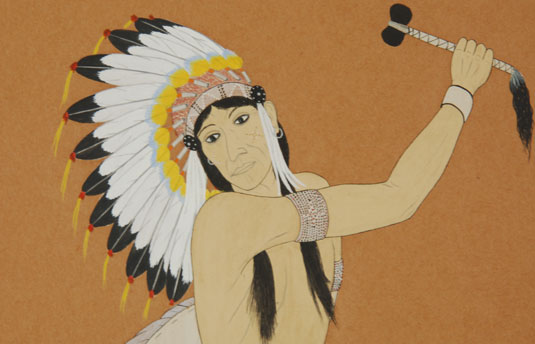 The northern pueblos were influenced by Plains Indian culture and often painted images of Plains Indians wearing feathered head bonnets.  This painting is a good example of such an event.  