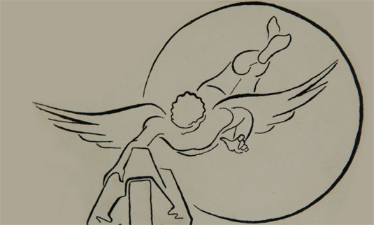 Adams' cubist style is fully illustrated in this drawing. One can see the sharp lines of what is probably a Penitente Monk against the curved forms of the Angel. 