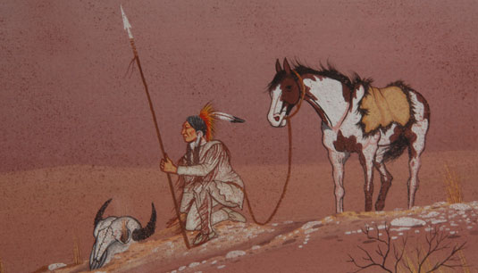 This painting of a lone Indian sentinel brings to mind the end of an era of the lives of the Comanche that existed, before the United States interfered with their ways.  He appears to be longing for buffalo who no longer roam the reservation.  The skeleton head in front of him tells the story of lost herds.