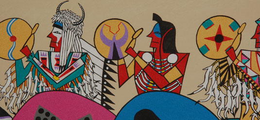 This image of a group of four highly costumed Indians with shields, headpieces, and decorative horses is typical of his works.  