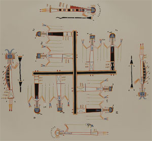 Dennis J. Aigner has studied the symbol for several decades and has published The Swastika Symbol in Navajo Textiles.  Its use by the Navajo originated with a Navajo sandpainting used in The Nightway Chant, a nine-day ceremony for healing purposes.  The symbol consisted of what may be called a plus mark, with The Twin War Gods, side by side, attached to the four lines, forming a swastika-looking symbol.  Legend has the twins riding down the river on logs, rotating or whirling, thus the accepted name for the symbol being Whirling Logs.  