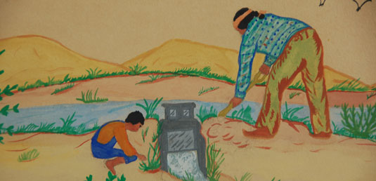 The painting illustrates a farmer having opened the sluice gate so water flows to his fields.  A young boy kneels nearby, apparently playing rather than assisting.  