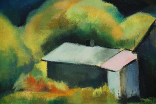 This painting of a small homestead in the foothills of mountains and surrounded by bushes and grasses is typical of her modernist or cubist style.  