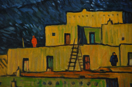 Close up view: Original Oil on Canvas Painting “Pueblo View – Winter” by Robert Daughters
