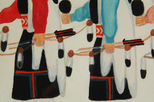 Close up view: Watercolor Painting of “Bow and Arrow Dancers”