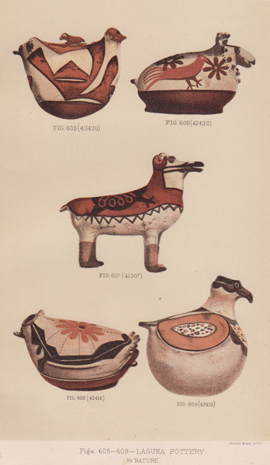 This two-headed bird pottery figure is very similar to one collected by Stevenson in 1879.  The Stevenson one is published in a color plate labeled Figs. 605-609—Laguna Pottery of the 2nd BAE Report. It was one of the few figurines collected in the 1879 visit.