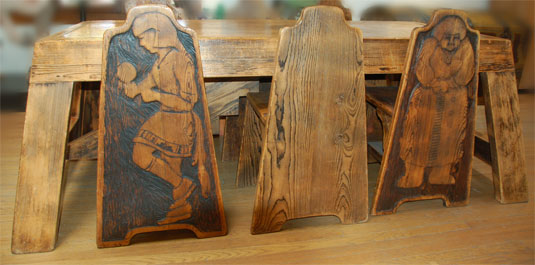 Large Table and Six Hand Carved Wood Chairs by Will Shuster