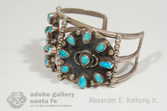 Alternate side view of this Silver and Turquoise Bracelet with two Large Discs