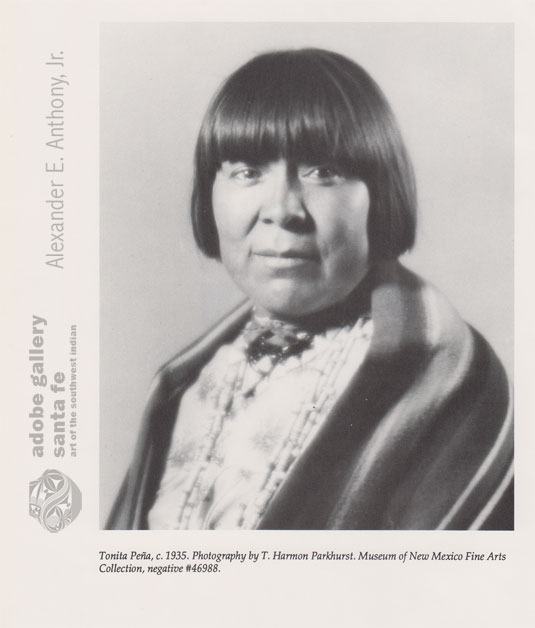 Tonita Peña – Image Source:  from the book Tonita Peña by Samuel L. Gray.  Photo by T. Harmon Parkhurst.  Museum of New Mexico Fine Arts Collection, negative #46988.