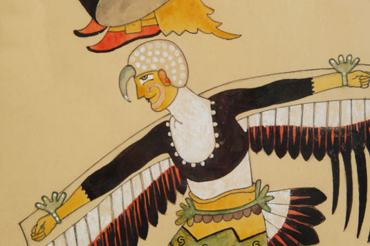 Close up view of an Eagle Dancer in this painting.