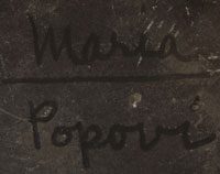 Popovi Da began collaborating with his mother on her pottery in 1956, following a period when Santana had been assisting her mother-in-law.  Popovi and his mom worked together until his death in 1971. Popovi worked with Maria in all aspects of pottery preparation and their pieces were co-signed