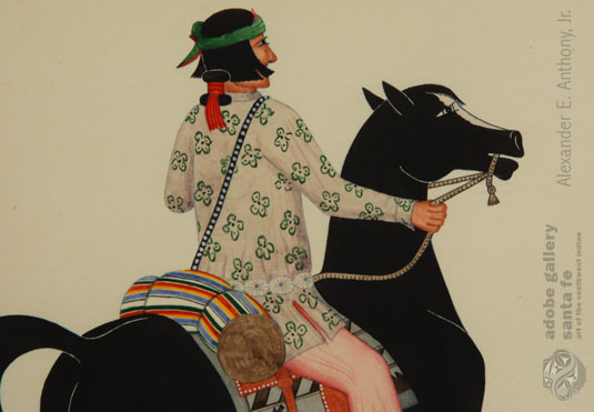 Close up view of the black horse and rider in this painting.