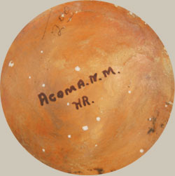 The jar has a concave bottom with the painted Acoma, N.M and the initials HR.  In pencil is written $2.00, an indication of a circa 1930s or 1940s creation.