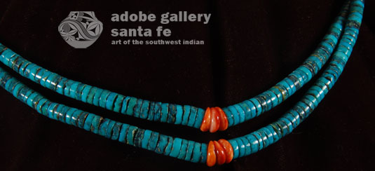 This 2-strand necklace is comprised of Red Mountain turquoise. The Red Mountain mine is in Nevada and is known for high-grade turquoise. There has been limited output from the mine, making the turquoise from Red Mountain quite rare. Cheryl Yestewa has painstakingly shaped and polished two strands of Red Mountain turquoise beads.