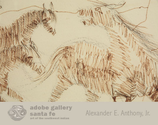 This drawing of five horses demonstrates Carl Gorman’s talent. Drawn in pen and ink, he has deliberately defined form and created structure with an efficient use of line.  The horses come alive as they gallop across a desert landscape. 