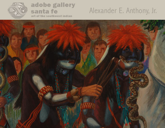 Close up view of the Snake Dancers in this painting.