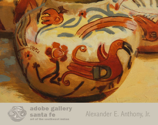 Close up view of the Acoma Pottery in this painting.