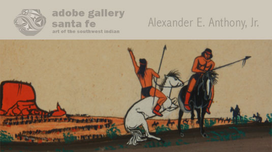 Three of these Indians—pictured, gracefully and skillfully, in line with one another and headed directly towards the viewer—are holding rifles and wearing ammunition belts.  Behind them are two men on horseback carrying spears.  They appear to be either in conflict with each other or signaling away from the viewer, towards a long line of people that is visible in the painting’s lower left corner.  